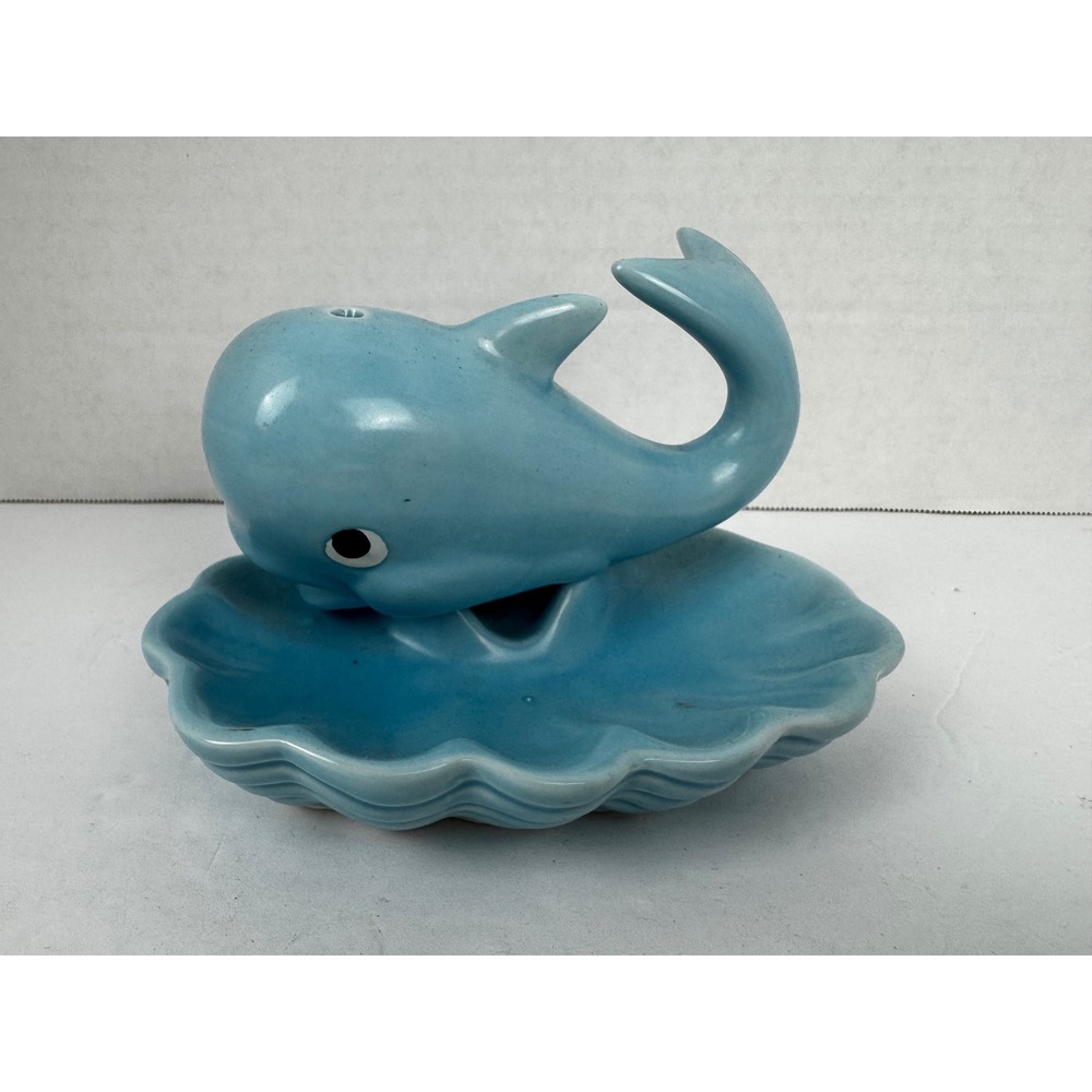 Vintage Blue Ceramic Whale on Seashell Ashtray Trinket Dish Soap Dish Nautical